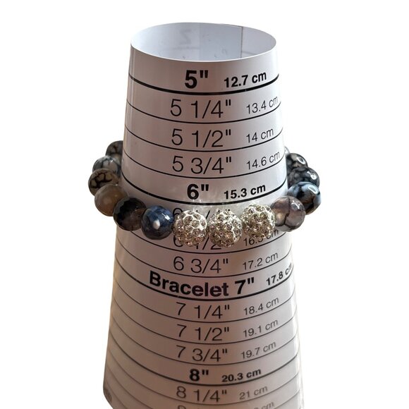 Blue Black White Agate Beaded Stretch Bracelet Rhinestone Accent Beads 6 inches - Picture 3 of 4
